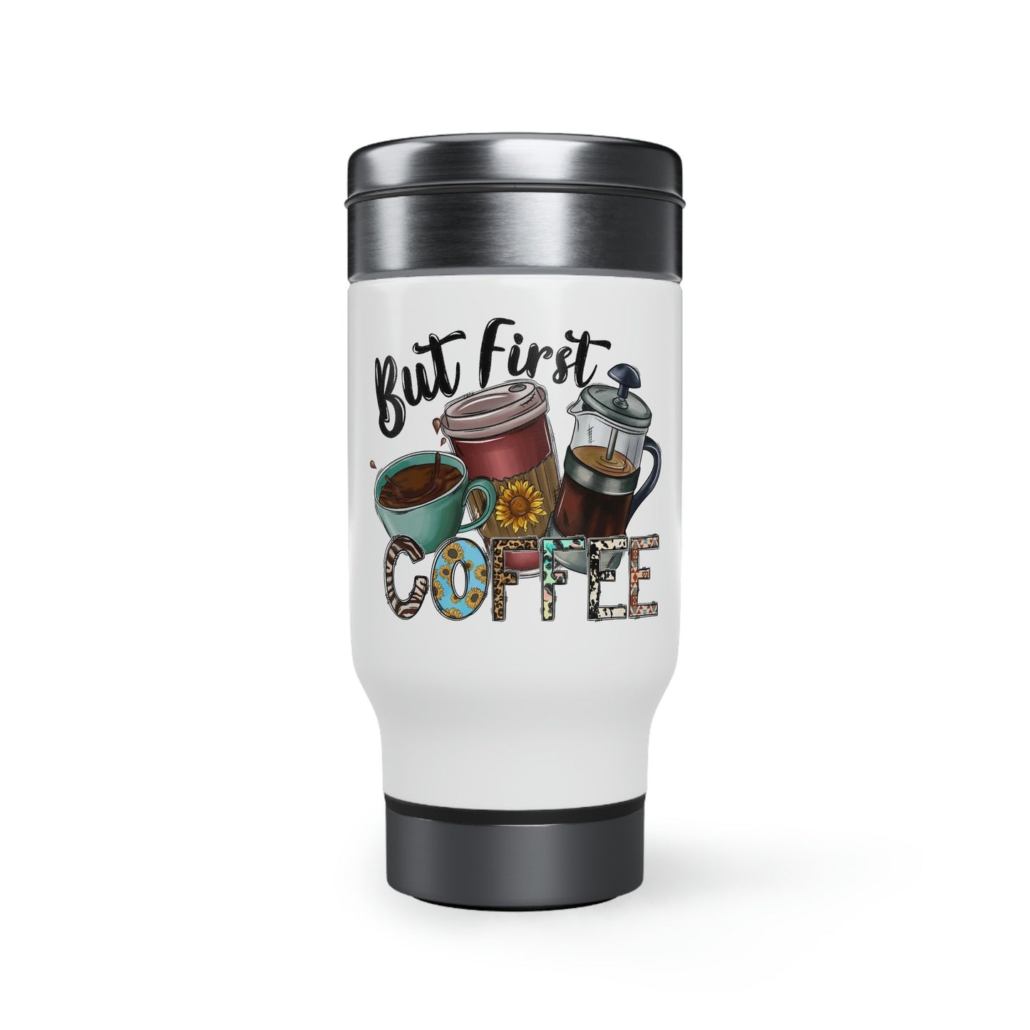 But First Coffee Stainless Steel Travel Mug with Handle, 14oz