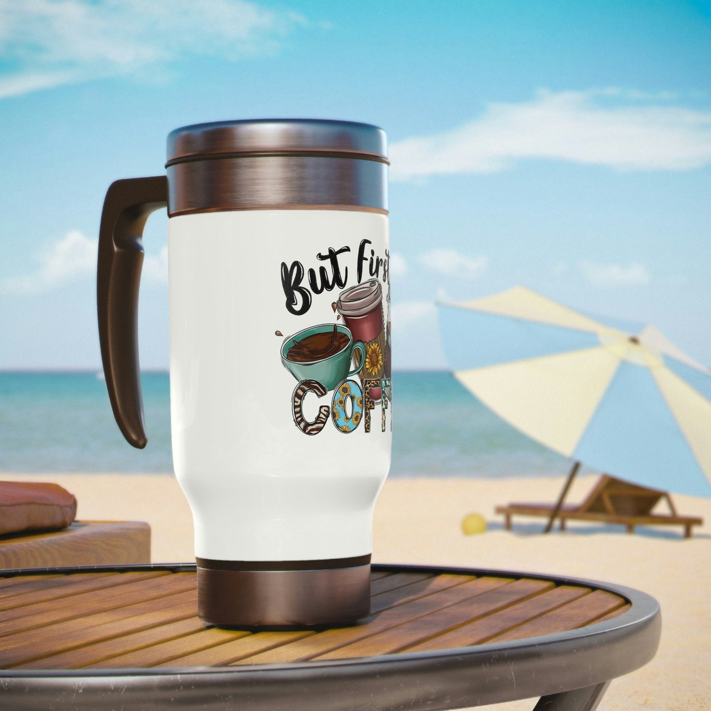 But First Coffee Stainless Steel Travel Mug with Handle, 14oz