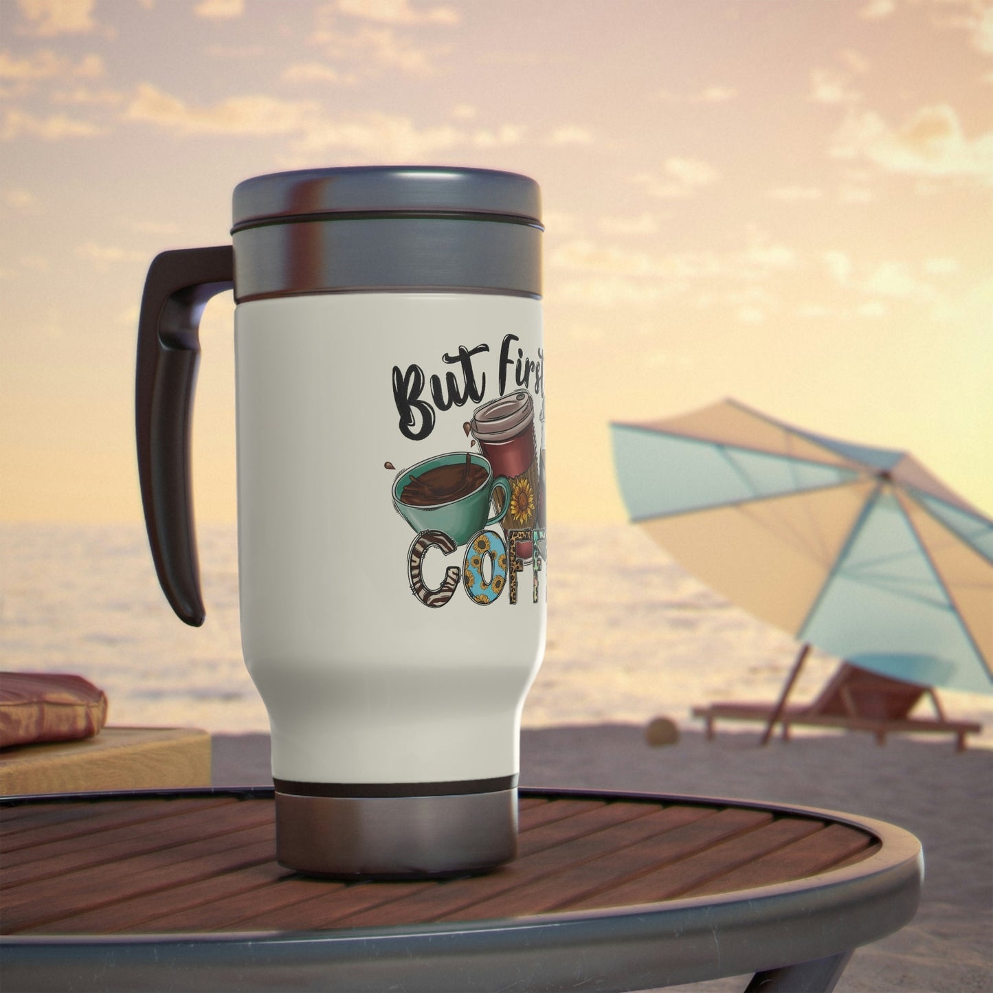 But First Coffee Stainless Steel Travel Mug with Handle, 14oz