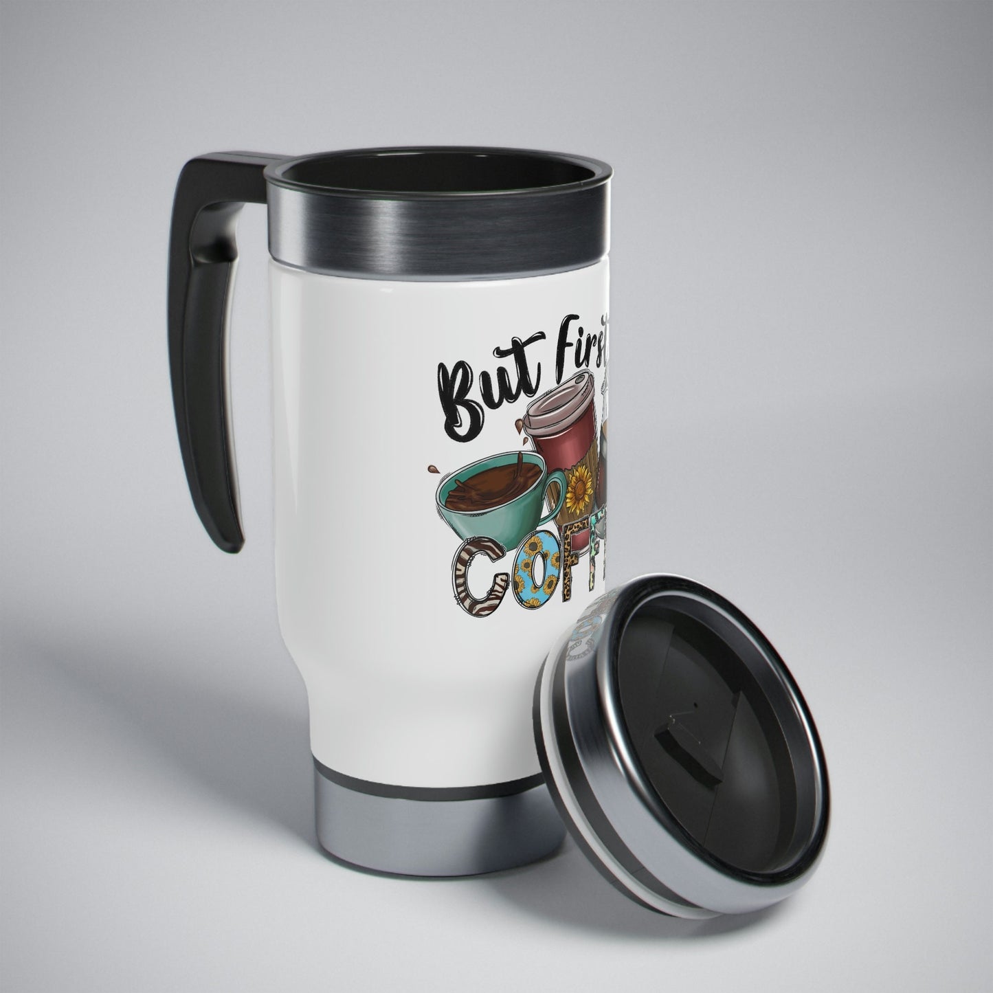 But First Coffee Stainless Steel Travel Mug with Handle, 14oz