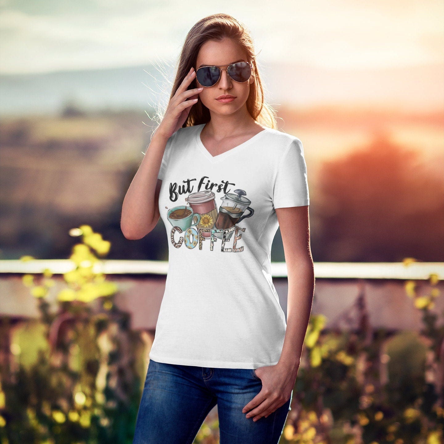 But First Coffee Unisex Jersey Short Sleeve V-Neck Tee