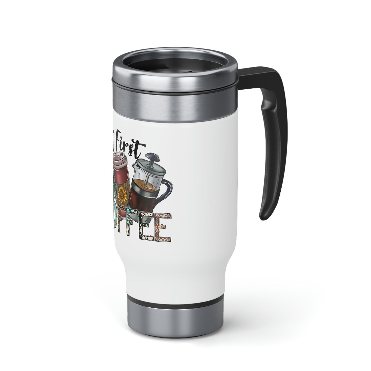 But First Coffee Stainless Steel Travel Mug with Handle, 14oz