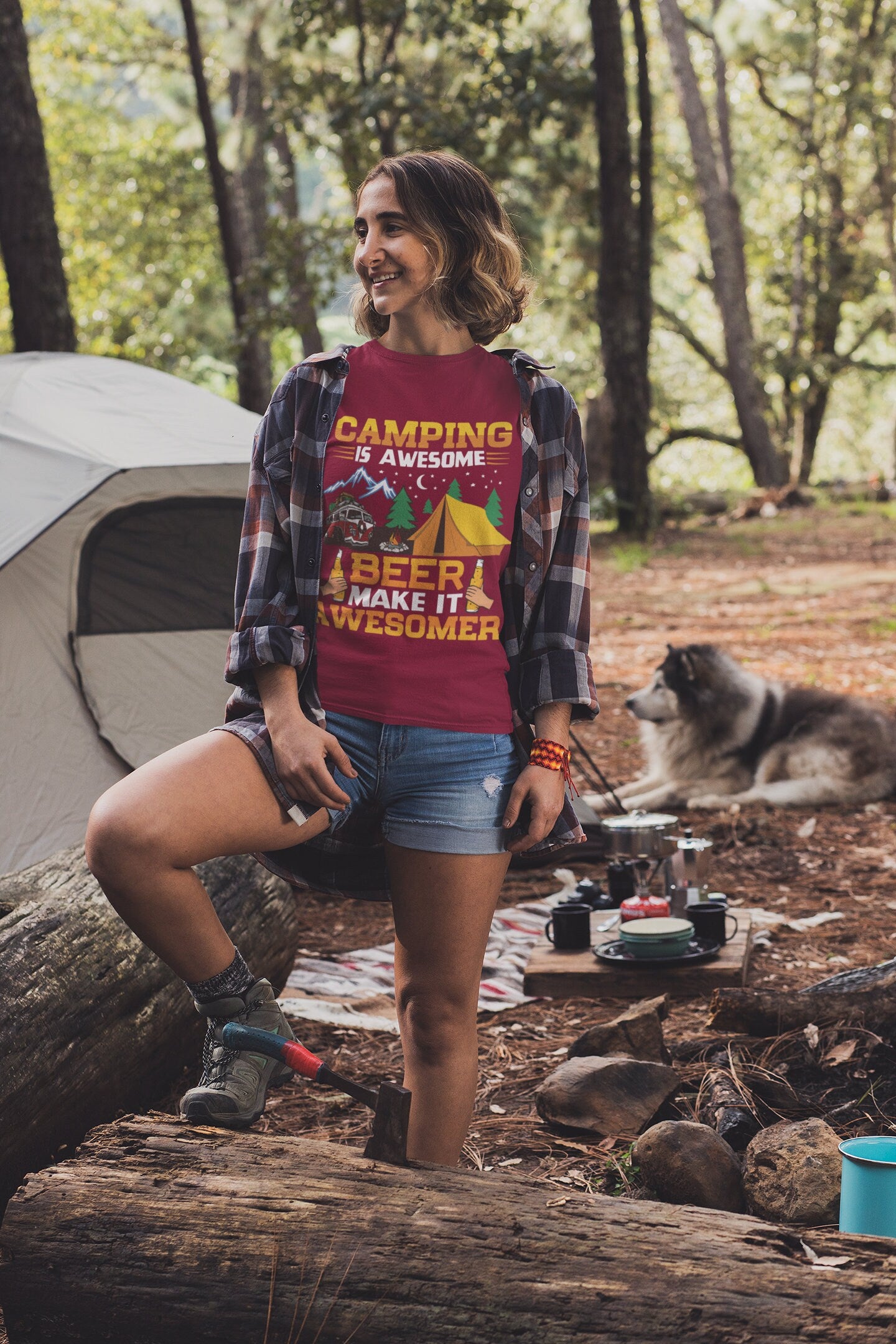 Camping is Awesome, Beer makes it Awesomer Unisex Jersey Short Sleeve Tee